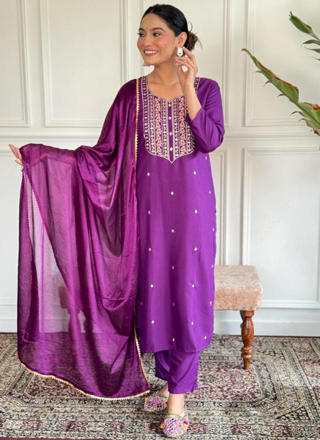 Rayon Slub Purple Festival Wear Embroidery Work Readymade Straight Suit